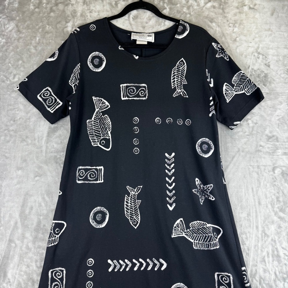 Studio G T-Shirt Dress Womens Large Black Fish Skeleton Tribal Print (x1522) - Picture 2 of 14